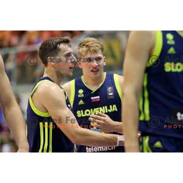 Goran Dragic and Luka Doncic of Slovenia in action during Adecco Cup basketball match between Slovenia and Czech Republic in Tabor Hall, Maribor, Slovenia on August 6, 2017