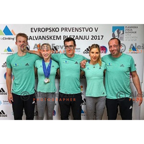 Anze Peharc, Janja Garnbret, Gorazd Hren, Mina Markovic and Urh Cehovin of Slovenia climbing team at press conference in Ljubljana on August 21, 2017 after 2017 European Climbing championships in Munchen ,Germany