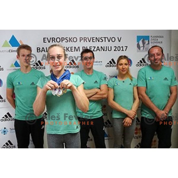 Anze Peharc, Janja Garnbret, Gorazd Hren, Mina Markovic and Urh Cehovin of Slovenia climbing team at press conference in Ljubljana on August 21, 2017 after 2017 European Climbing championships in Munchen ,Germany