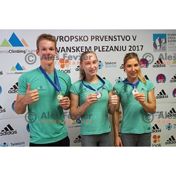 Anze Peharc, Janja Garnbret and Mina Markovic of Slovenia climbing team at press conference in Ljubljana on August 21, 2017 after 2017 European Climbing championships in Munchen ,Germany