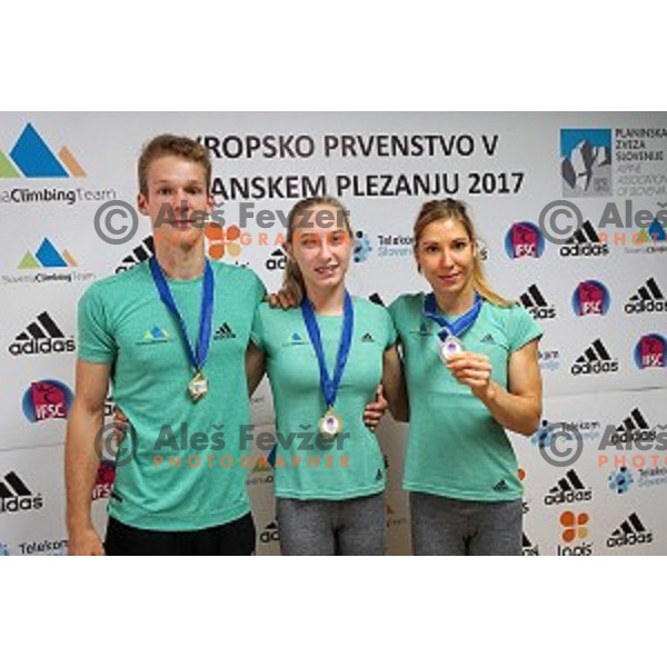 Anze Peharc, Janja Garnbret and Mina Markovic of Slovenia climbing team at press conference in Ljubljana on August 21, 2017 after 2017 European Climbing championships in Munchen ,Germany