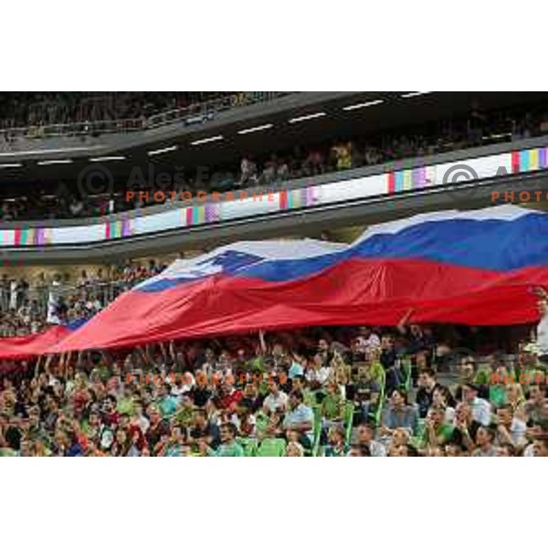 Fans of Slovenia in action during Telemach basketball match between Slovenia and Croatia in Stozice Arena, Ljubljana on August 24, 2017
