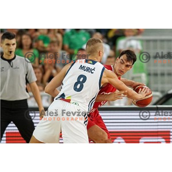 Edo Muric of Slovenia and Dario Saric of Croatia in action during Telemach basketball match between Slovenia and Croatia in Stozice Arena, Ljubljana on August 24, 2017