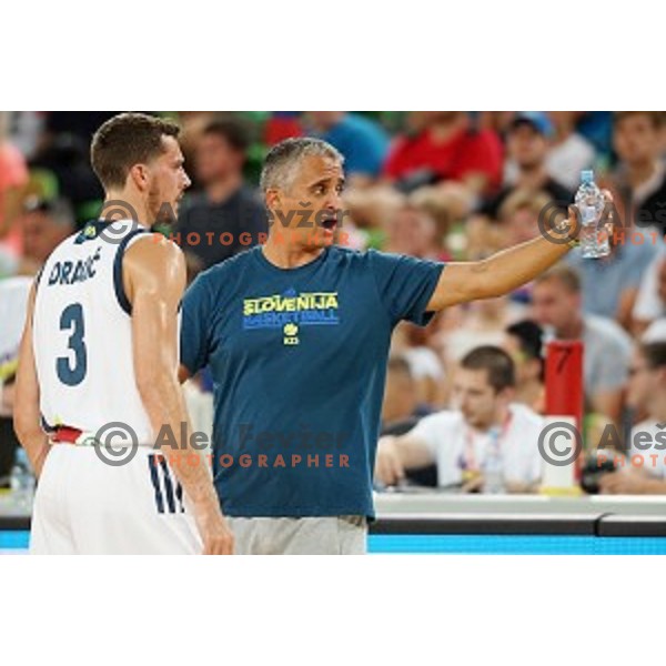 Goran Dragic and Igor Kokoskov, head coach of Slovenia in action during Telemach basketball match between Slovenia and Croatia in Stozice Arena, Ljubljana on August 24, 2017
