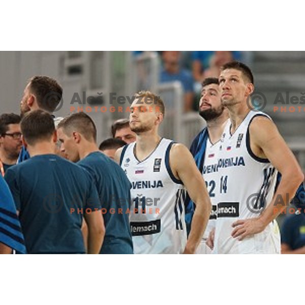 Jaka Blazic and Gasper Vidmar of Slovenia in action during Telemach basketball match between Slovenia and Croatia in Stozice Arena, Ljubljana on August 24, 2017