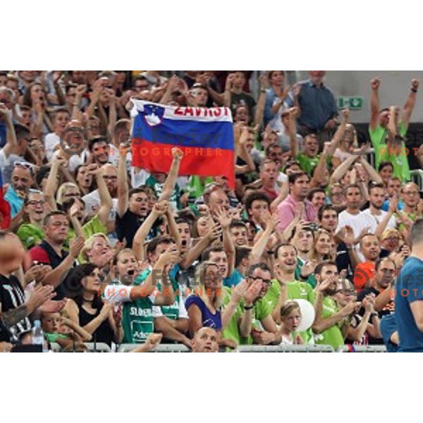 Fans of Slovenia in action during Telemach basketball match between Slovenia and Croatia in Stozice Arena, Ljubljana on August 24, 2017