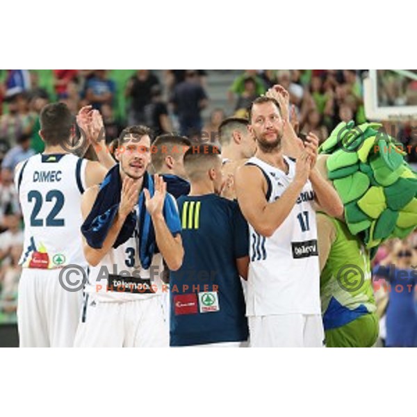 Goran Dragic and Sasa Zagorac of Slovenia in action during Telemach basketball match between Slovenia and Croatia in Stozice Arena, Ljubljana on August 24, 2017