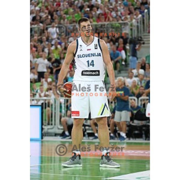 Gasper Vidmar of Slovenia in action during Telemach basketball match between Slovenia and Croatia in Stozice Arena, Ljubljana on August 24, 2017