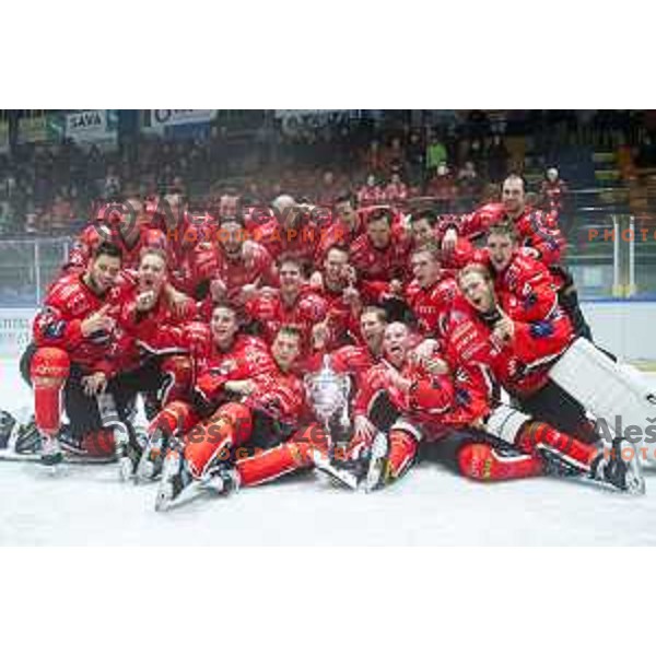 Team Jesenice celebrating after Slovenian Cup final between Jesenice and SZ Olimpija, in Celje on September 10th, 2017
