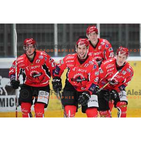 Zan Jezovsek of Jesenice celebrates goal during Alps League ice-hockey match between Jesenice and Asiago in Podmezakla Hall, Jesenice, Slovenia on September 13, 2017
