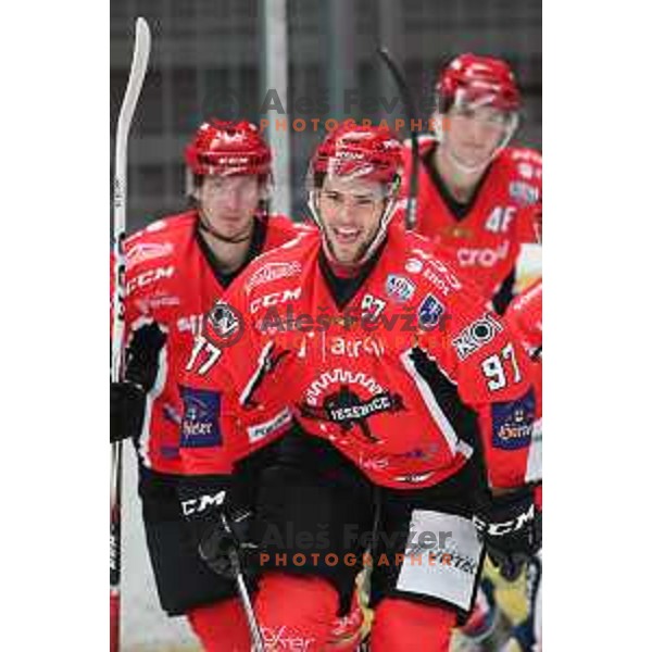 Zan Jezovsek of Jesenice celebrates goal during Alps League ice-hockey match between Jesenice and Asiago in Podmezakla Hall, Jesenice, Slovenia on September 13, 2017
