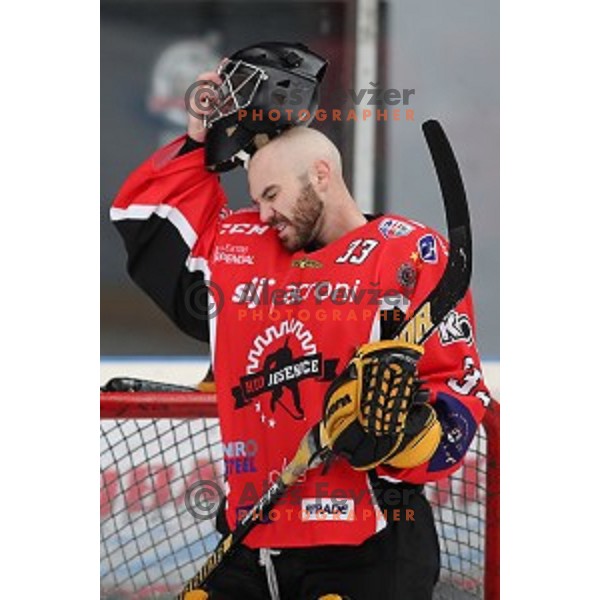 Clarke Saunders of Jesenice in action during Alps League ice-hockey match between Jesenice and Asiago in Podmezakla Hall, Jesenice, Slovenia on September 13, 2017