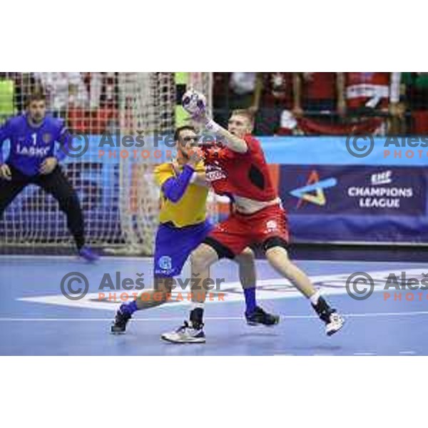 Borut Mackovsek of Celje PL and Blaz Blagotinsek of Veszprem in action during Velux EHF Champions League match between Celje Pivovarna Lasko (Slovenia) and Veszprem (Hungary) in Zlatorog Hall, Celje, Slovenia on September 16, 2017