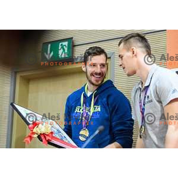 Goran Dragic, Klemen Prepelic during the press conference of the Slovenian national basketball team after wining the Fiba Eurobasket 2017, Ljubljana, Slovenia, 19.09.2017
