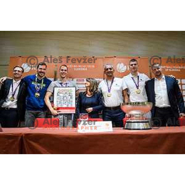 Goran Dragic, Klemen Prepelic, Igor Kokoskov, Edo Muric, Matej Erjavec during the press conference of the Slovenian national basketball team after wining the Fiba Eurobasket 2017, Ljubljana, Slovenia, 19.09.2017
