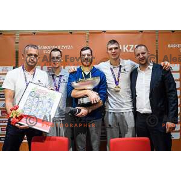 Klemen Prepelic, Igor Kokoskov, Goran Dragic, Edo Muric, Matej Erjavec during the press conference of the Slovenian national basketball team after wining the Fiba Eurobasket 2017, Ljubljana, Slovenia, 19.09.2017