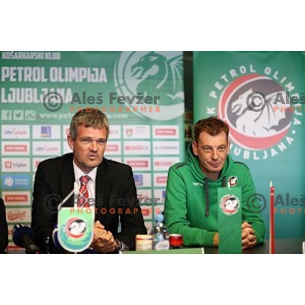 Tomaz Berlocnik, president and Gasper Okorn, head coach of Petrol Olimpija during press conference before 2017-2018 basketball season in Ljubljana on September 27, 2017