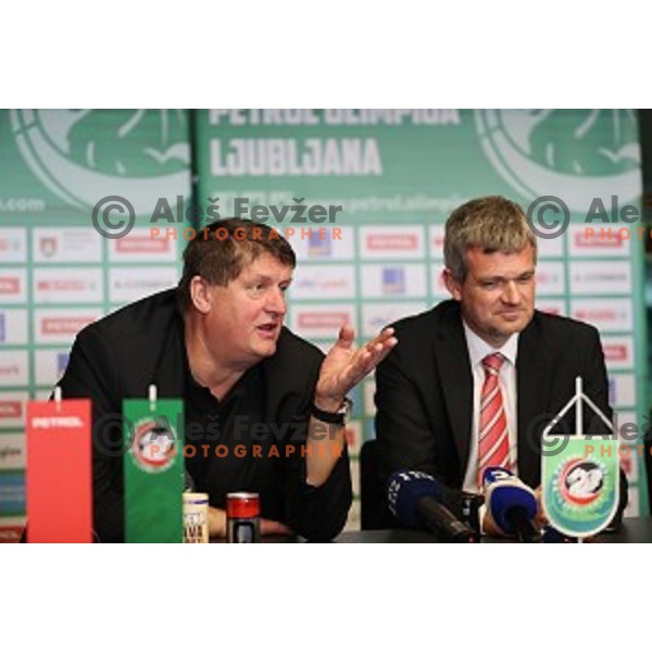 Roman Lisac, manager and Tomaz Berlocnik, president of Petrol Olimpija during press conference before 2017-2018 basketball season in Ljubljana on September 27, 2017