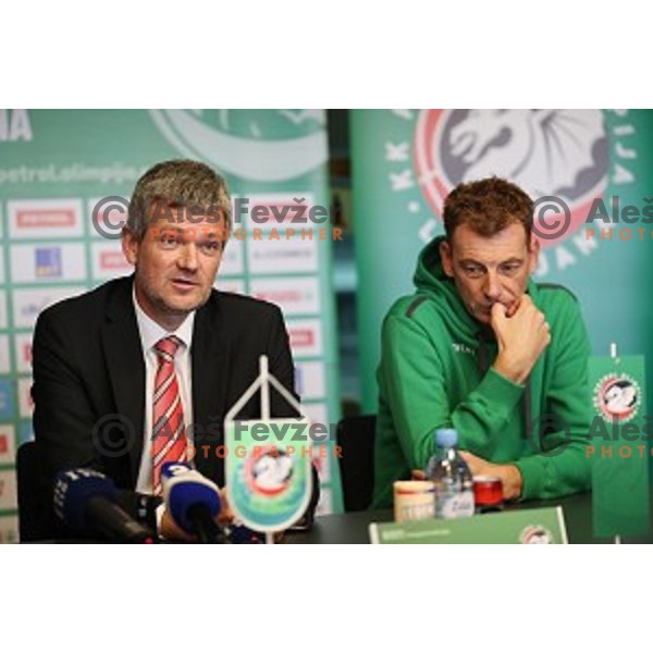 Tomaz Berlocnik, president and Gasper Okorn, head coach of Petrol Olimpija during press conference before 2017-2018 basketball season in Ljubljana on September 27, 2017