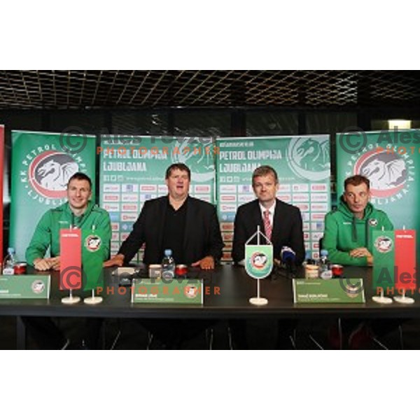 Gregor Hrovat,Roman Lisac, Tomaz Berlocnik and Gasper Okorn of Petrol Olimpija during press conference before 2017-2018 basketball season in Ljubljana on September 27, 2017