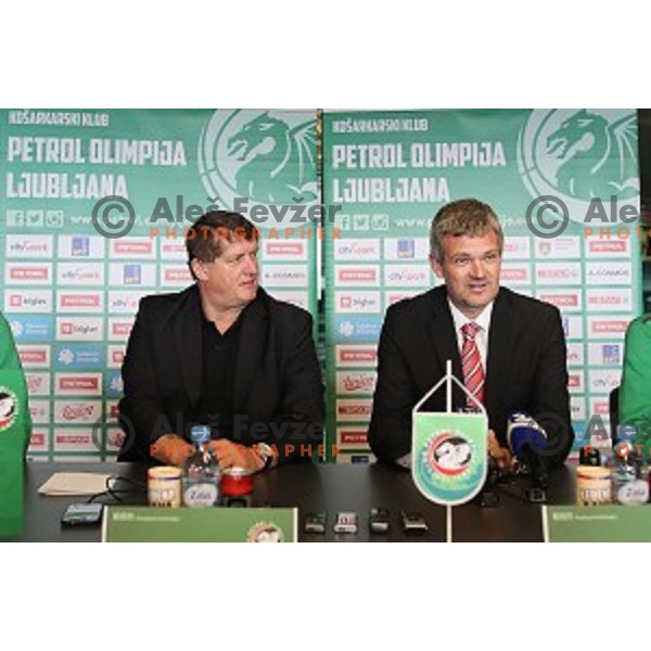 Roman Lisac, manager and Tomaz Berlocnik, president of Petrol Olimpija during press conference before 2017-2018 basketball season in Ljubljana on September 27, 2017