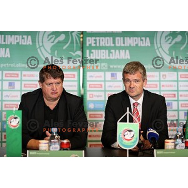 Roman Lisac, manager and Tomaz Berlocnik, president of Petrol Olimpija during press conference before 2017-2018 basketball season in Ljubljana on September 27, 2017