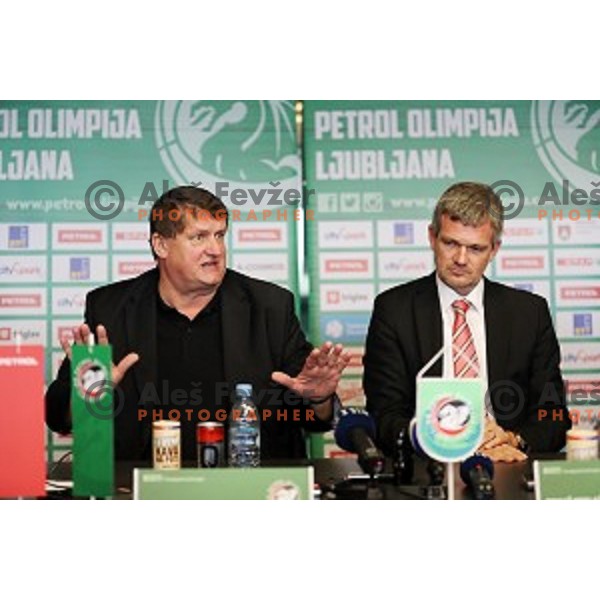 Roman Lisac, manager and Tomaz Berlocnik, president of Petrol Olimpija during press conference before 2017-2018 basketball season in Ljubljana on September 27, 2017