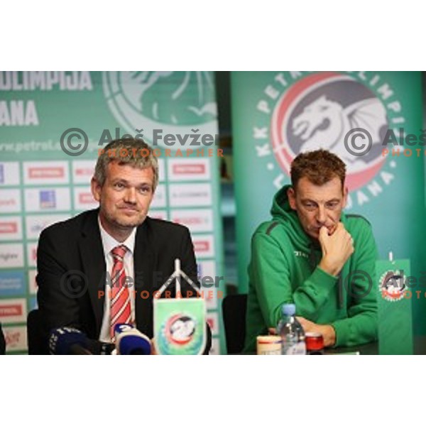 Tomaz Berlocnik, president and Gasper Okorn, head coach of Petrol Olimpija during press conference before 2017-2018 basketball season in Ljubljana on September 27, 2017