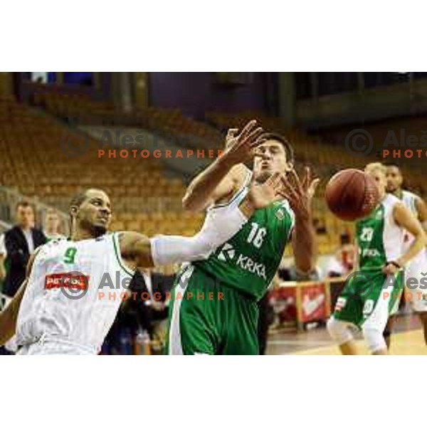 action during Slovenian basketball SuperCup between Petrol Olimpija and Krka in Tivoli Hall, Ljubljana on September 28, 2017