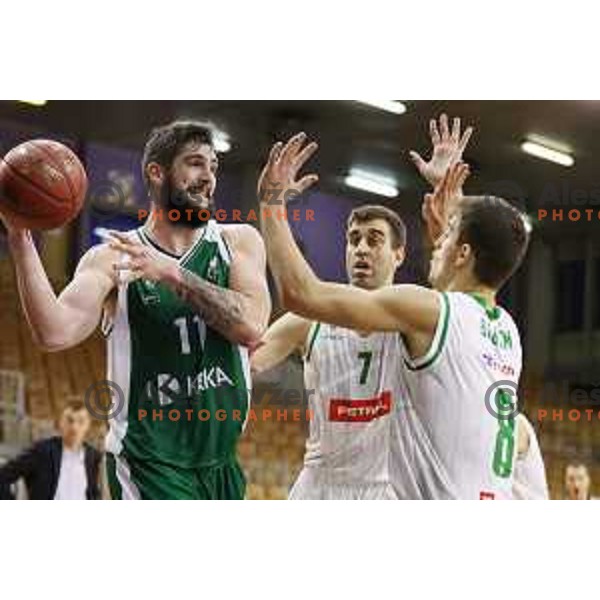 action during Slovenian basketball SuperCup between Petrol Olimpija and Krka in Tivoli Hall, Ljubljana on September 28, 2017