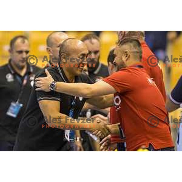 Kielce’s head coach Talant Dujshebaev and Celje’s head coach Branko Tamse in action during EHF Champions League match between Celje PL (Slovenia) and PGE Vive Kielce (Poland) in Zlatorog Hall, Celje on September 30th, 2017