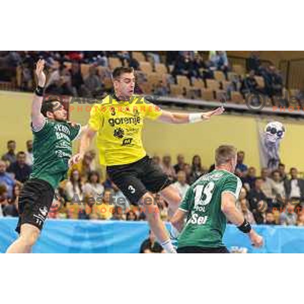 Gorenje’s Nejc Cehte (3) in action during EHF Champions League match between Gorenje Velenje and Skjern Handbold, in Red Hall, Velenje on October 1st, 2017 