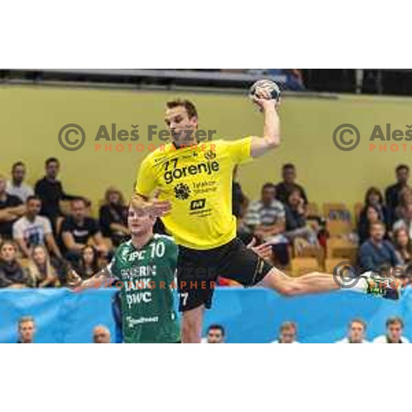 Gorenje’s Matjaz Brumen (77) in action during EHF Champions League match between Gorenje Velenje and Skjern Handbold, in Red Hall, Velenje on October 1st, 2017 