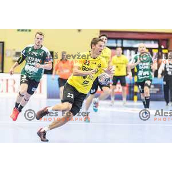 Gorenje’s Rok Golcar (23) in action during EHF Champions League match between Gorenje Velenje and Skjern Handbold, in Red Hall, Velenje on October 1st, 2017 