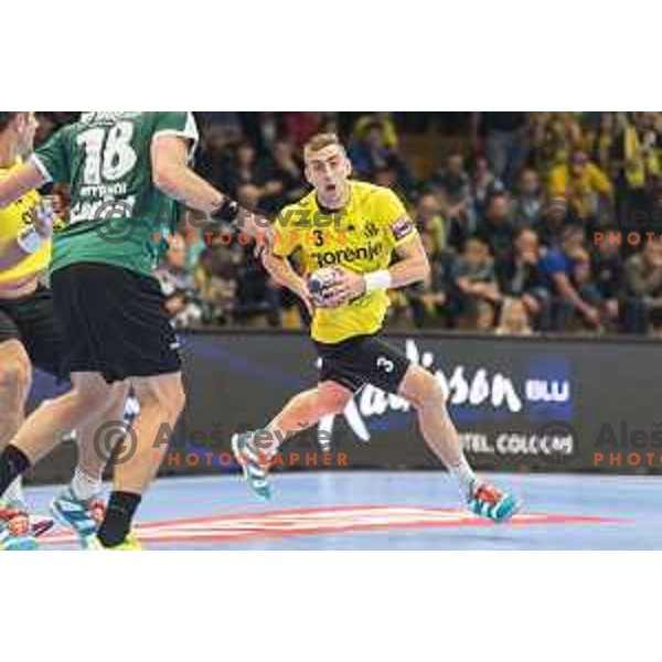 Gorenje’s Nejc Cehte (3) in action during EHF Champions League match between Gorenje Velenje and Skjern Handbold, in Red Hall, Velenje on October 1st, 2017 