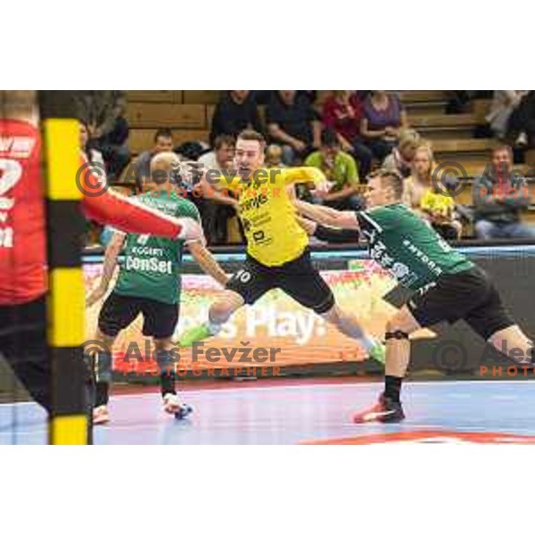 Gorenje’s Rok Ovnicek (10) in action during EHF Champions League match between Gorenje Velenje and Skjern Handbold, in Red Hall, Velenje on October 1st, 2017 