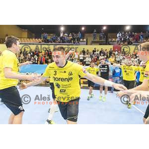 Gorenje’s Nejc Cehte (3) in action during EHF Champions League match between Gorenje Velenje and Skjern Handbold, in Red Hall, Velenje on October 1st, 2017 