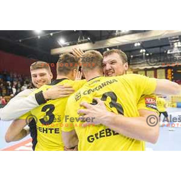 Team Gorenje celebrating after EHF Champions League match between Gorenje Velenje and Skjern Handbold, in Red Hall, Velenje on October 1st, 2017 