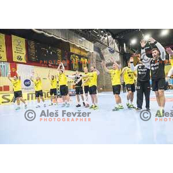 Team Gorenje celebrating after EHF Champions League match between Gorenje Velenje and Skjern Handbold, in Red Hall, Velenje on October 1st, 2017 