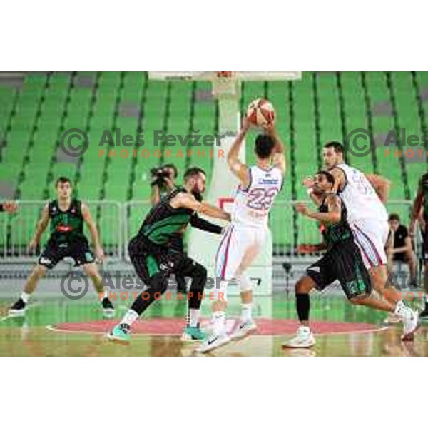 of Petrol Olimpija in action during ABA league basketball match between Petrol Olimpija and Igokea in SRC Stozice, Ljubljana on October 2, 2017