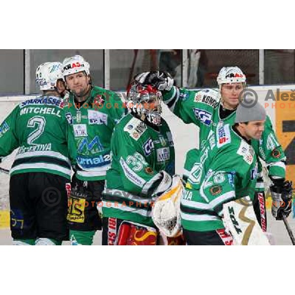 Zupancic, Westlund, Hocevar, Mohoric celebrate victory at ice-hockey match ZM Olimpija-Vienna Capitals in Ebel league, played in Ljubljana, Slovenia 7.12.2007. Photo by Ales Fevzer 