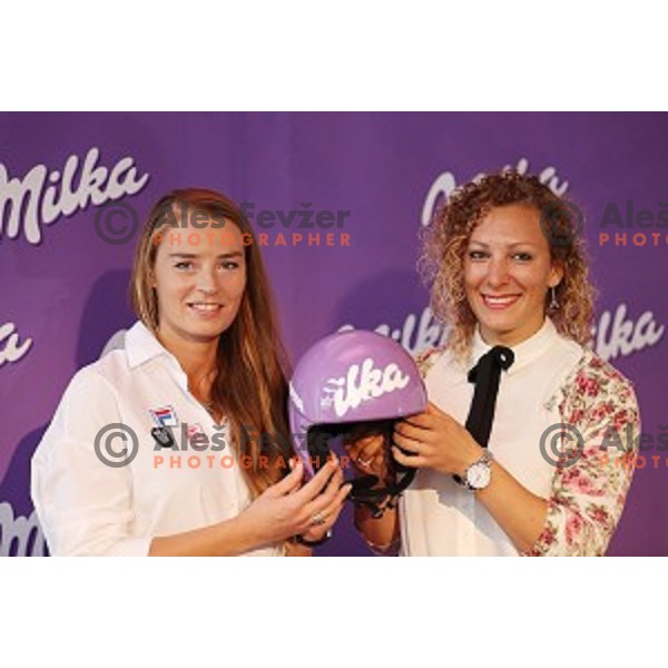 Tina Maze and Ilka Stuhec during Milka press conference in Lolita Cake shop in Ljubljana, Slovenia on October 3, 2017