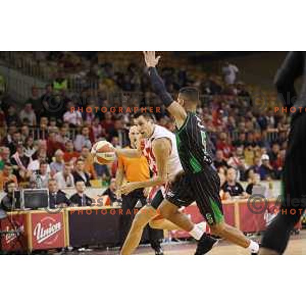 of Petrol Olimpija in action during ABA league basketball match between Petrol Olimpija and Crvena Zvezda in Tivoli Hall, Ljubljana on October 8, 2017