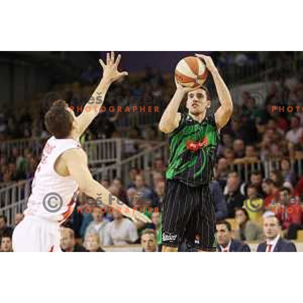 Erjon Kastrati of Petrol Olimpija in action during ABA league basketball match between Petrol Olimpija and Crvena Zvezda in Tivoli Hall, Ljubljana on October 8, 2017