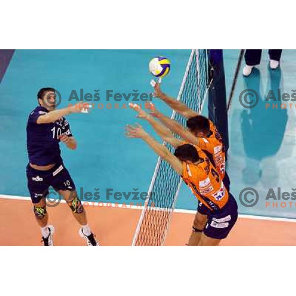 Novak (10), Cebron and Cuturic at volleyballl game ACH Volley Bled-Paris Volley in Indesit European Champions league, played in Ljubljana, Slovenia 12.12.2007. Photo by Ales Fevzer 