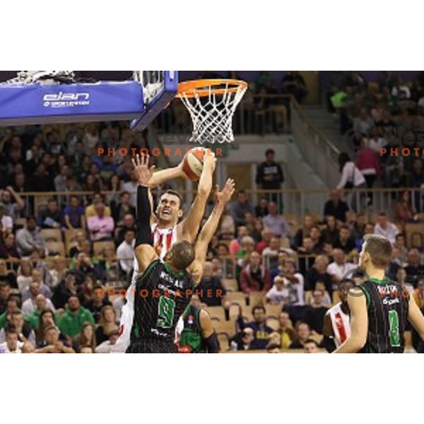 of Petrol Olimpija in action during ABA league basketball match between Petrol Olimpija and Crvena Zvezda in Tivoli Hall, Ljubljana on October 8, 2017