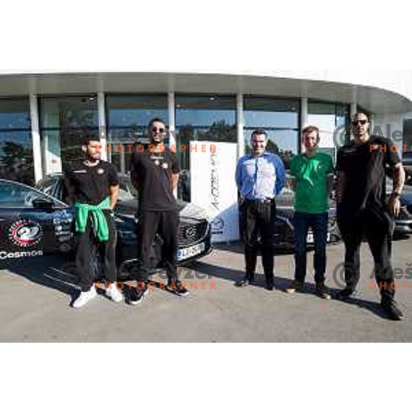 Players of Petrol Olimpija receiving keys of Mazda cars in A-Cosmos shop in Ljubljana, Slovenia on October 13, 2017