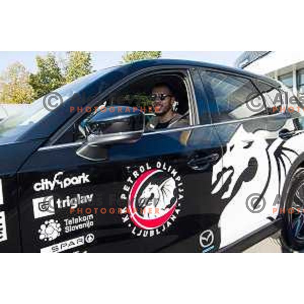 Devin Oliver of Petrol Olimpija receiving keys of Mazda cars in A-Cosmos shop in Ljubljana, Slovenia on October 13, 2017