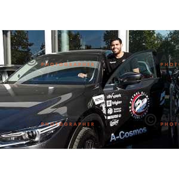 Players of Petrol Olimpija receiving keys of Mazda cars in A-Cosmos shop in Ljubljana, Slovenia on October 13, 2017