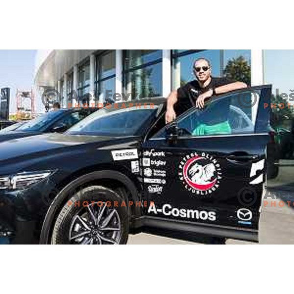 Players of Petrol Olimpija receiving keys of Mazda cars in A-Cosmos shop in Ljubljana, Slovenia on October 13, 2017